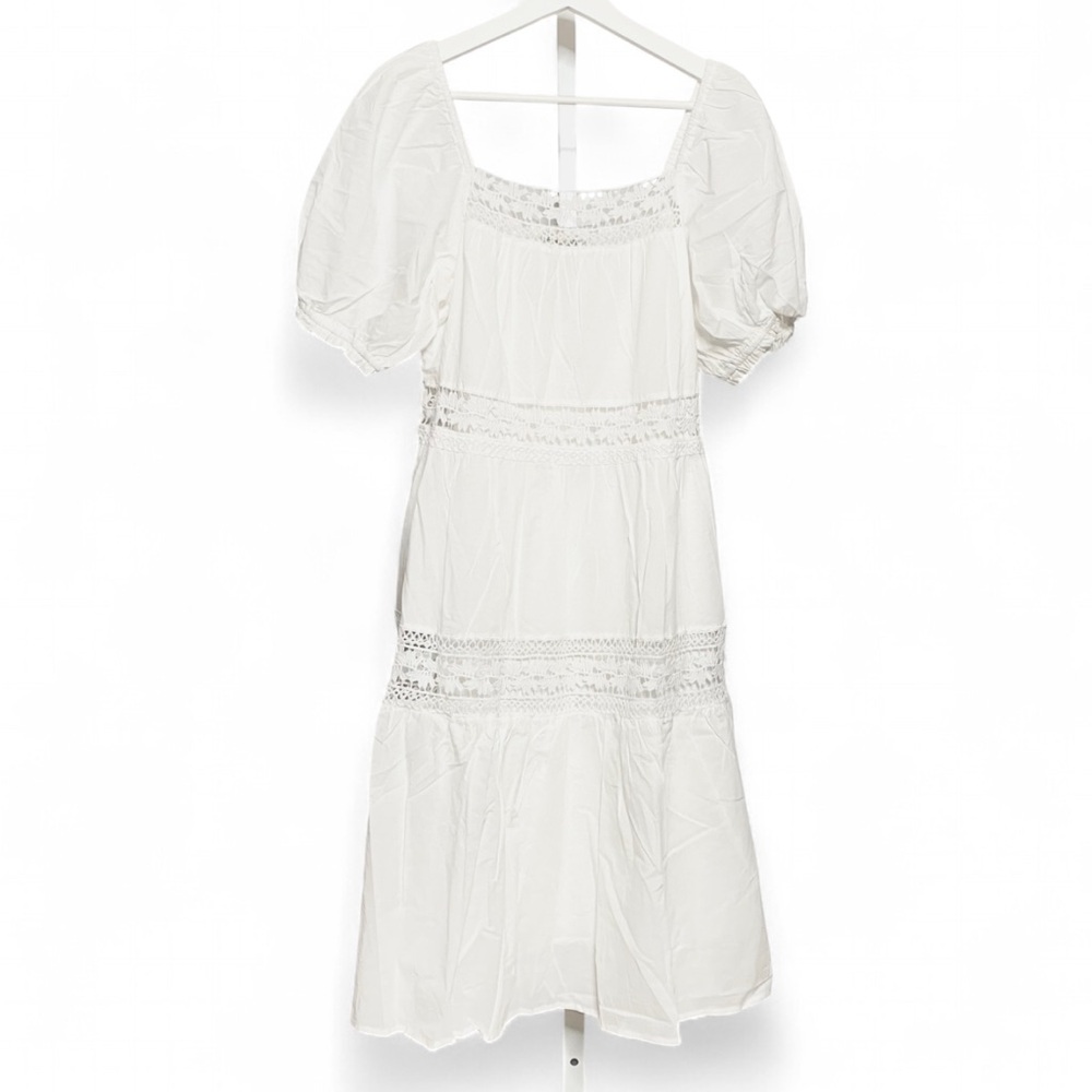 Hale Bob White Cotton Eyelet Lace Inset Puff Sleeve Midi Dress • S